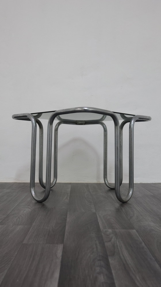 Image 1 of Ezio Didone Verchromtes Stahlrohr Couchtisch Rauchkristall 70er Jahre Design
