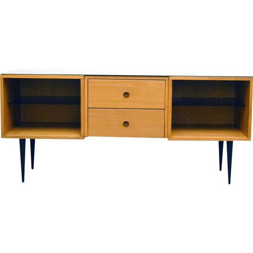 Aparador italiano vintage de madera de fresno y cristal, años 50