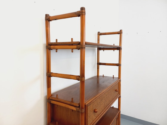Image 1 of Large Vintage Rattan, Wood and Cane Bookcase from the 70s