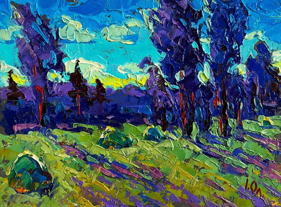 Image 1 of Original Oil Painting Summer Nature Landscape Evening breeze in the field
