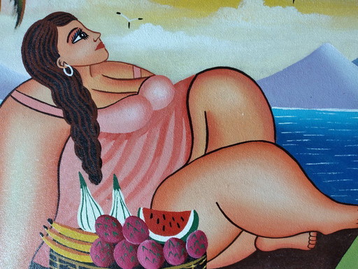 Painting of fat lady with fruit.