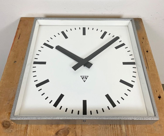 Image 1 of Large Grey Industrial Square Wall Clock from Pragotron, 1970s