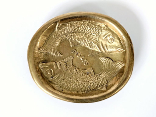 Vintage messing Vissen Zodiac schaal | Astrologische Vide-Poche | Jaren 70