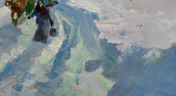 Image 1 of Original Oil Painting Winter Field Landscape Winter journey with a horse
