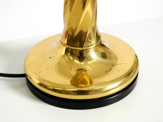 Image 1 of Large 1960s brass column-style table lamp with frosted glass globe