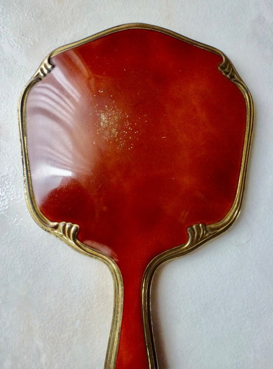 Image 1 of Vintage handspiegel, Facet geslepen, Duitsland, messing met celluloid.