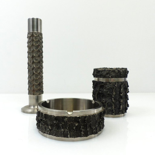 BMF Brutalistisches Metall-Set – Aschenbecher, Zigarettenschachtel und Vase – Deutschland, 1970er Jahre