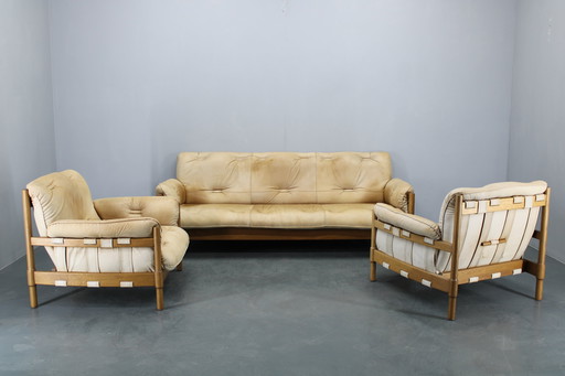 1960s Oak Scandinavian Living Room Set of Sofa and Armchairs in Fine Leather Upholstery