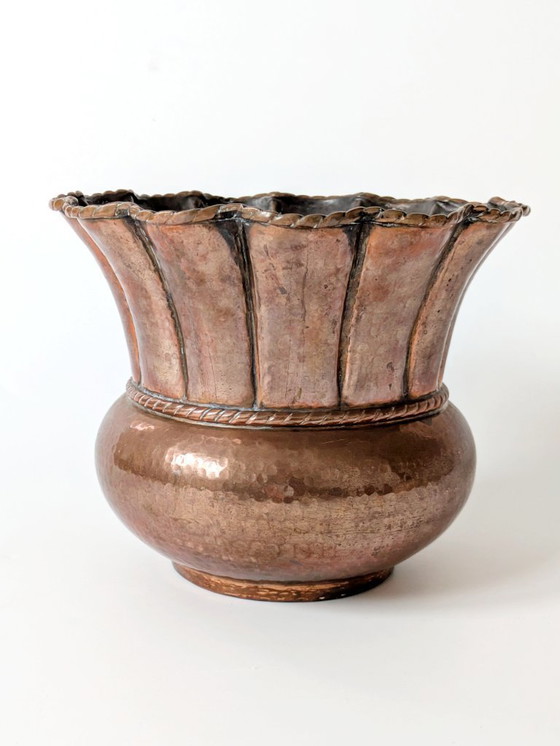 Image 1 of Midcentury Italian Planter | Hand-Hammered Copper with Scalloped Rim and Cord Detail