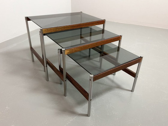 Image 1 of Fristho Mid-Century Dutch Design Nesting Tables with Smokey Glass Top and Wenge with Chrome Base, Set of 3, 1960s.
