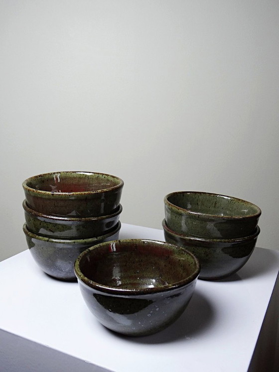 Image 1 of 6 handcrafted stoneware bowls glazed with ash, signed Tournay, vintage 1970-1990