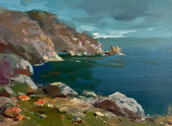 Image 1 of Original Oil Painting Coastal Rock Landscape Sea breeze on the shore