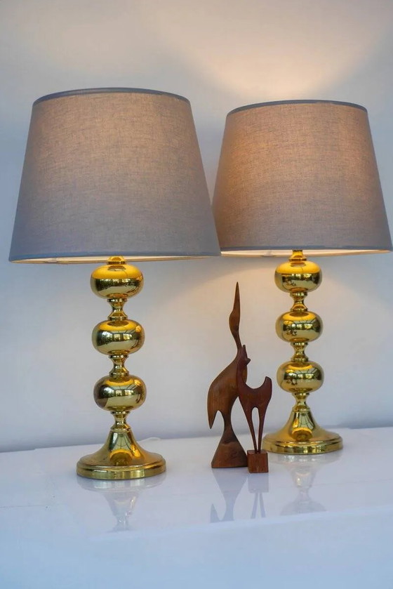 Image 1 of Scandinavian modern space age brass table lamps from Nafa, Sweden, 1970s, set of 2
