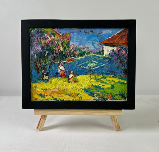 Original Oil Painting Summer Village Landscape Day beneath the sky