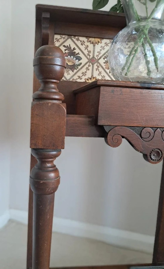 Image 1 of Unique Antique Victorian Oak Hall Stand - Umbrella & Stick Stand with original Floral Tiles