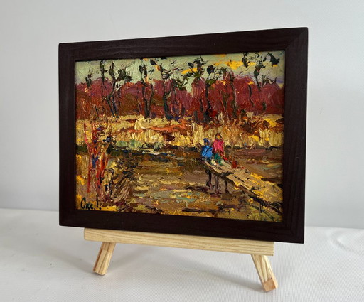 Original Oil Painting Autumn River Landscape On the autumn river