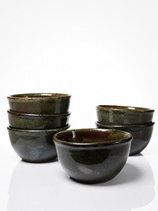 6 handcrafted stoneware bowls glazed with ash, signed Tournay, vintage 1970-1990