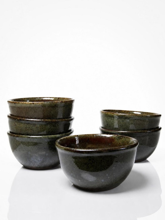 Image 1 of 6 handcrafted stoneware bowls glazed with ash, signed Tournay, vintage 1970-1990