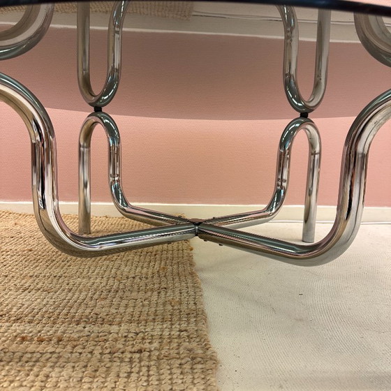 Image 1 of Curved tubular chrome coffee table with round glass top