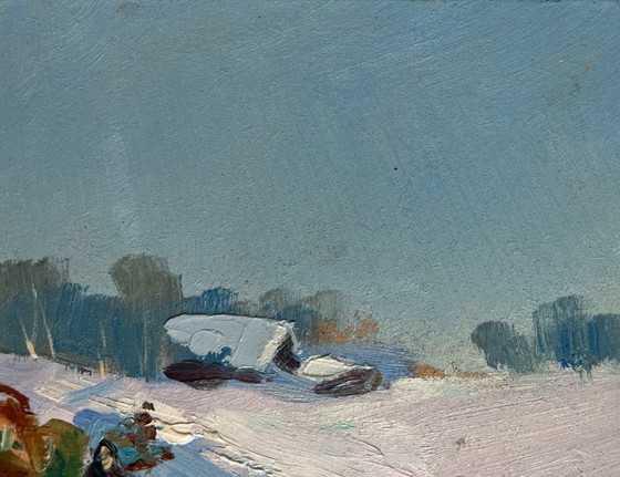 Image 1 of Original Oil Painting Winter Field Landscape Winter journey with a horse