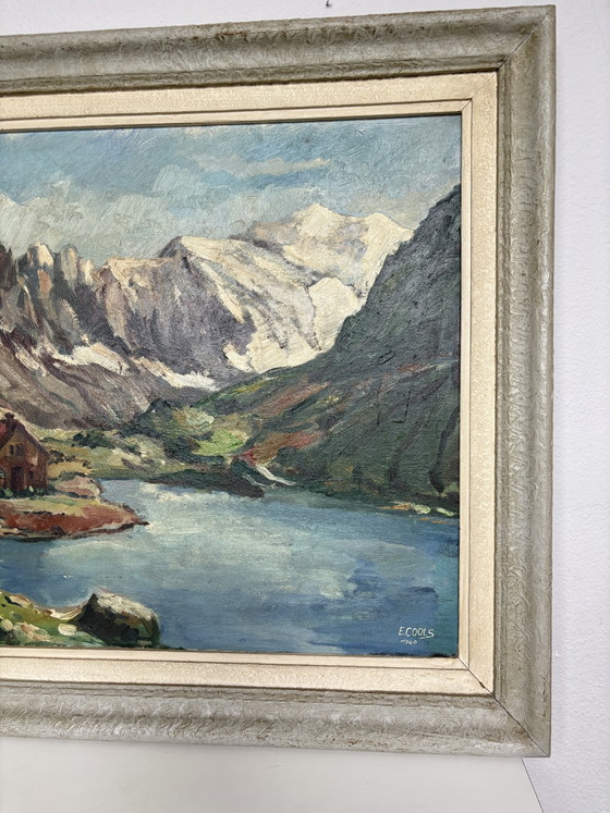 Image 1 of Vintage Alpine Lake Chateau: Gilded Masterpiece by E. Cools (1960)
