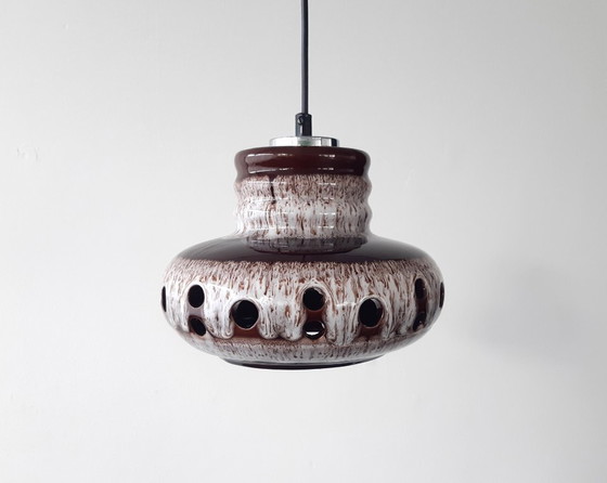 Image 1 of Keramieken aardewerken vintage hanglamp van Herda, west germany fat lava stijl, keramische retro hanglamp, bruin witte hanglamp