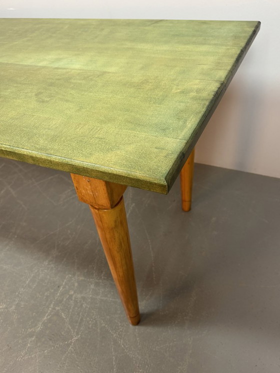 Image 1 of Tavolo da pranzo in faggio di metà secolo con piano in vernice trasparente verde tenue, anni '80.
