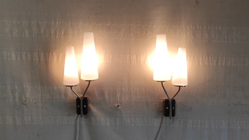 Asymmetrical double wall sconces in brass, metal and opaline glass - mid-20th century