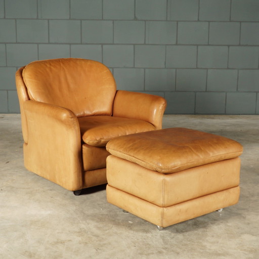 Vintage Leather Armchair With Hocker - Hans Kaufeld - 1970s
