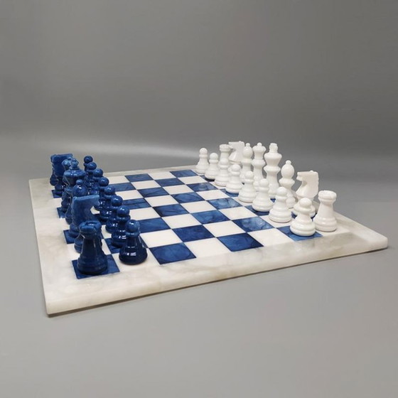 Image 1 of 1970s Elegant Blue and White Chess Set in Volterra Alabaster Handmade. Made in Italy