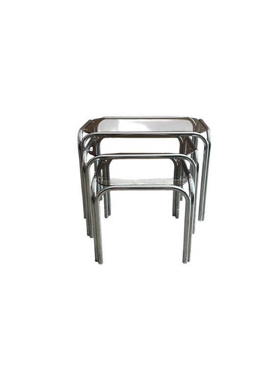 Image 1 of Vintage Chrome Nesting Tables with Smoked Glass | Set of 3 | Space Age Side Tables | 1970s Modernist Design