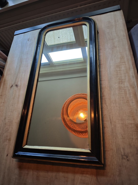 Antique black and gold wall mirror from approx. 1880, Glass, Wood (photo 9 of 15)