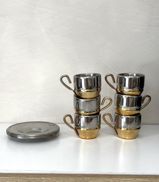Set van 6 roestvrijstalen espressokopjes, Italië 1970