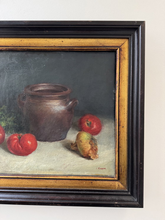 Image 1 of Still life painting, oil on antique canvas
