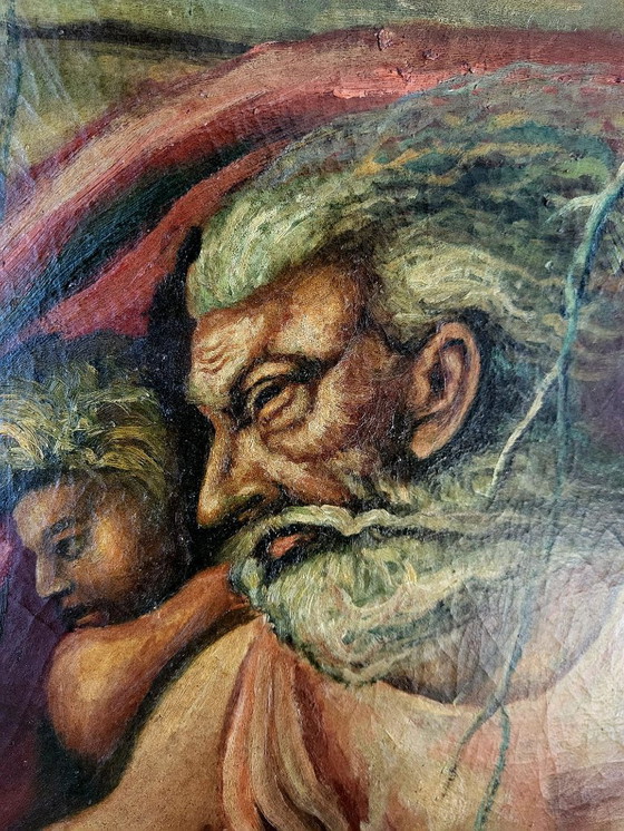 Image 1 of Zeldzaam handgeschilderd Art Deco kamerscherm – in de stijl van Michelangelo’s “Schepping van Adam” (ca. 1920–1935)