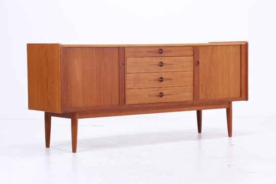 Image 1 of Vintage teak sideboard 60s | Mid - Century sideboard with drawers & slatted doors retro wood storage #08-22