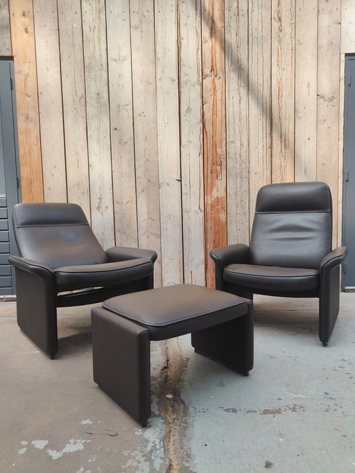 2 Vintage desede De Sede Switzerland cou cuir ds50 DS 50 fauteuils et hocker marron foncé