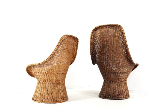 Image 1 of Set van 2 vintage rattan rotan stoelen fauteuils met kussentje