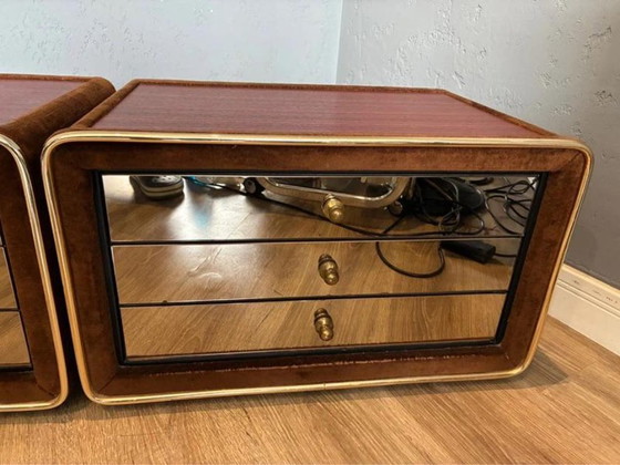 Ruf International Nightstands, Pair Mirrored Bedside Tables 1970s, Wood, Velvet, Brown (photo 3 of 8)