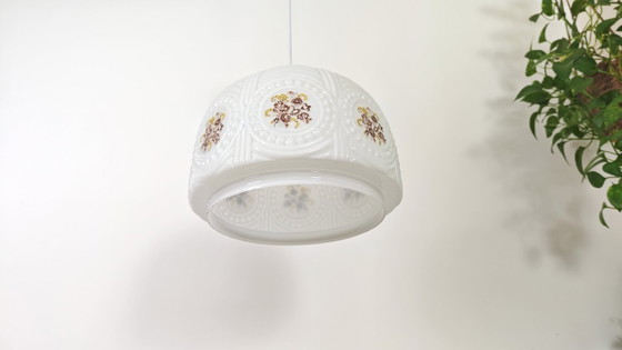 Image 1 of Vintage country-style kitchen pendant light from the 1970s, Yugoslavia, floral opal glass, hanging lamp, retro chandelier 