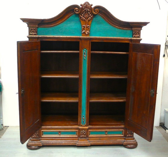 Armario, mueble de recibidor, 2 puertas, 2 cajones, estilo barroco, siglo XVII, en roble con turquesa, cobre, (photo 3 of 6)
