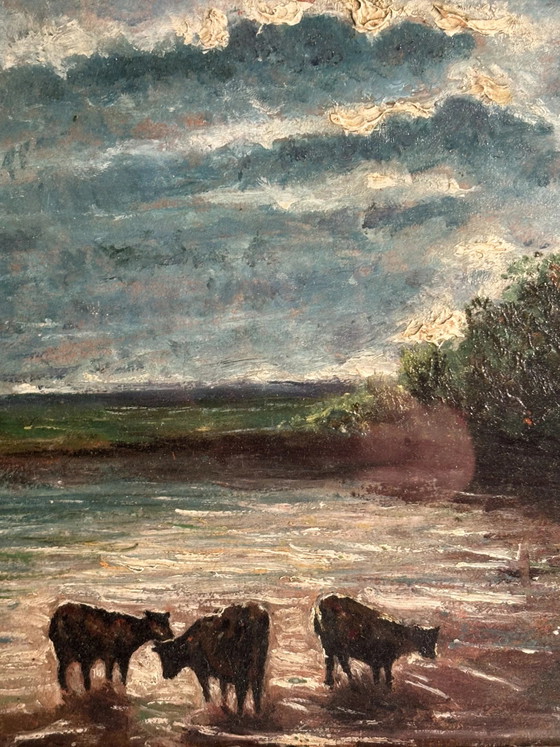 1950s Oil Painting on Board of Cows at Sunset, Paintings & Drawings (photo 6 of 10)