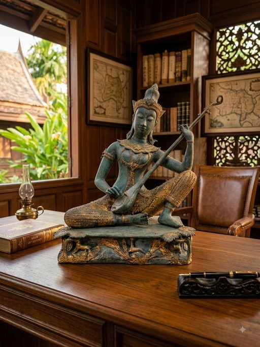 Grande statue ancienne en bronzeet feuille d'or Thaïlande et poinçon début 20e sur socle forêt mythique – beeldhouwkunst