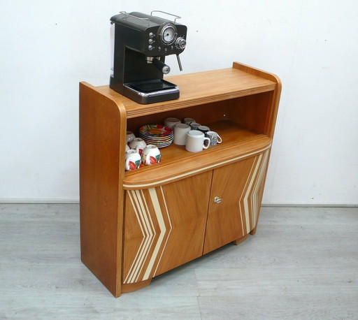 50s sideboard cupboard coffee bar, wood + cream, Mid - Century
