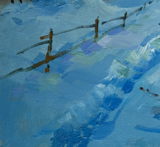 Image 1 of Origineel olieverfschilderij: Winterdorpslandschap met een besneeuwd pad in het dorp.