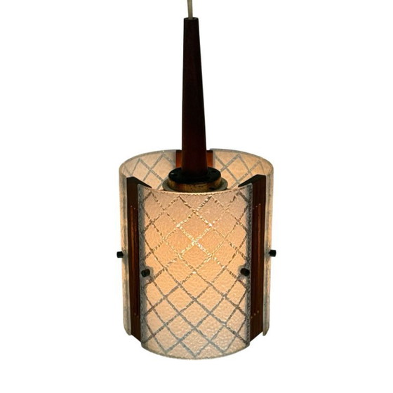 Image 1 of Lámpara de techo de los años 60 aproximadamente: diseño escandinavo, con madera de teca y vidrio curvo, ¡incluye dosel de techo 