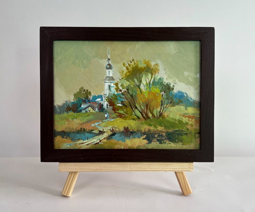 Original Oil Painting Evening Church Landscape At the village church