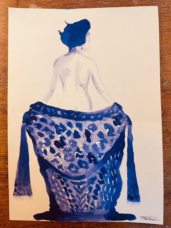 Image 1 of Monochrome Watercolor Indigo Blue Portrait of a Woman "Japan Denim"