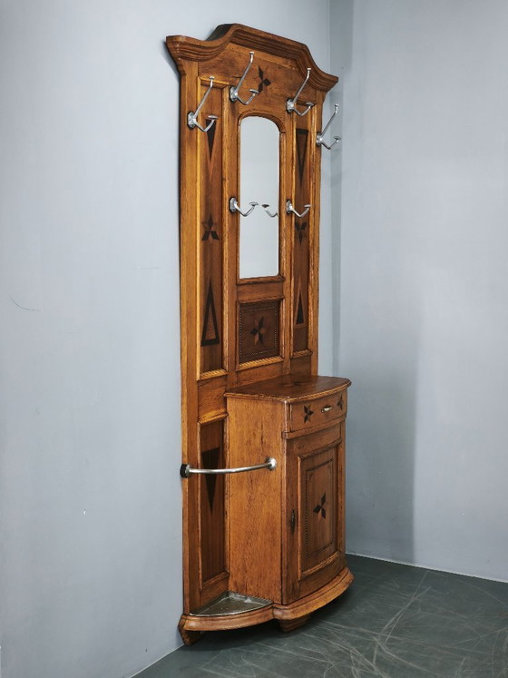 Image 1 of Porte-manteau Gründerzeit en chêne incrusté avec miroir, XIXe siècle, vers 1890