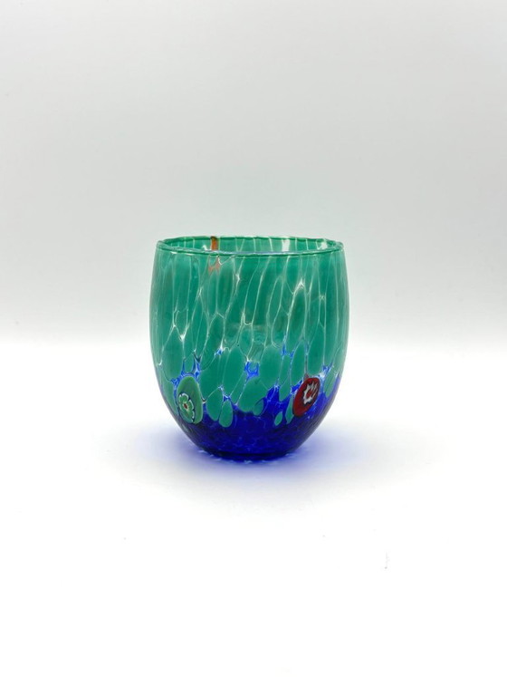 Image 1 of Set van 6 Venetiaanse glazen van geblazen glas met Murano-effect (murrine) in het glas verwerkt, handgemaakt in Italië.